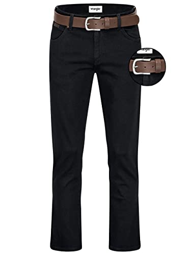 Wrangler Texas Stretch Herren Jeans Regular Fit inkl. Gürtel (W32/L34, Black Overdye + brauner Gürtel) von Wrangler