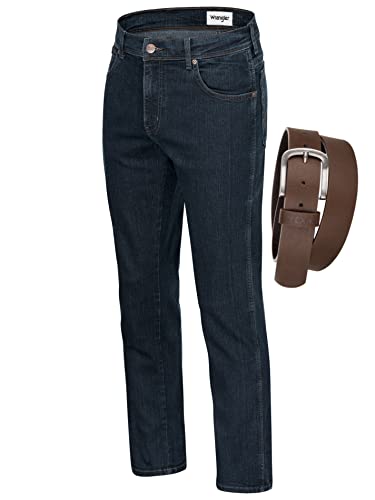 Wrangler Texas Stretch Herren Jeans Regular Fit inkl. Gürtel (W40/L34, Blue Black + brauner Gürtel) von Wrangler