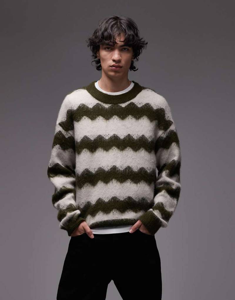 Wrangler - Angerauter Strickpullover in Cremeweiß/Grün mit welligem Streifenmuster-Bunt von Wrangler