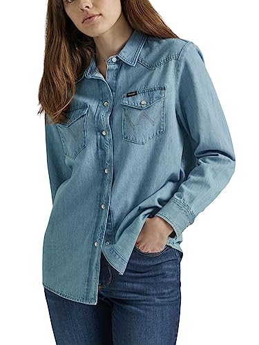 Wrangler Damen Boyfriend Denim Snap Closure Shirt, Gletscher, Klein von Wrangler