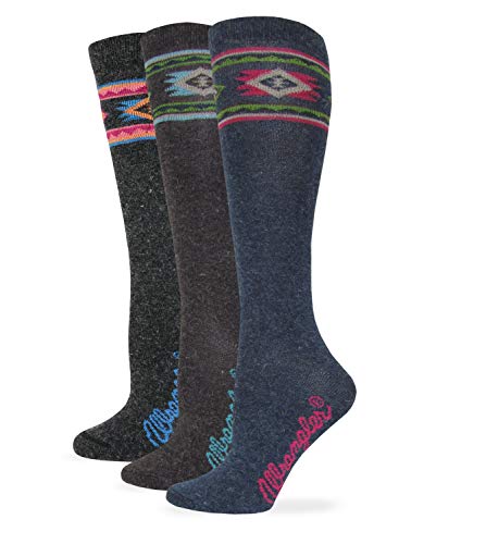 Wrangler Damen Stiefelsocken, Angora-Mischgewebe, Aztekenmuster, kniehoch, 3 Paar, Denim/Braun/Anthrazit, Medium von Wrangler