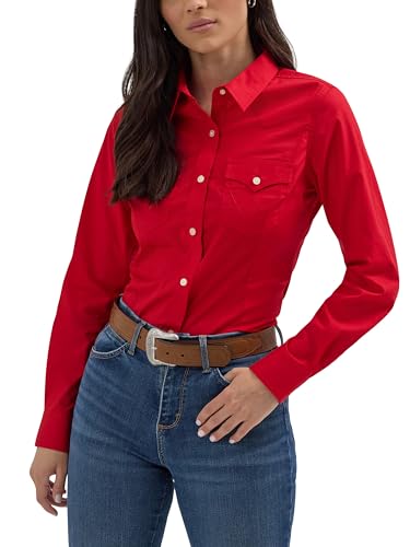 Damen Retro Langarm Cool Blue Solid Western Shirt, Rot/Ausflug, einfarbig (Getaway Solids), Mittel von Wrangler