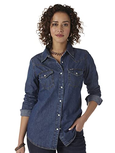 Wrangler Damen Western Long Sleeve Denim Snap Shirt Hemd, Dunkles Jeansblau, Groß von Wrangler
