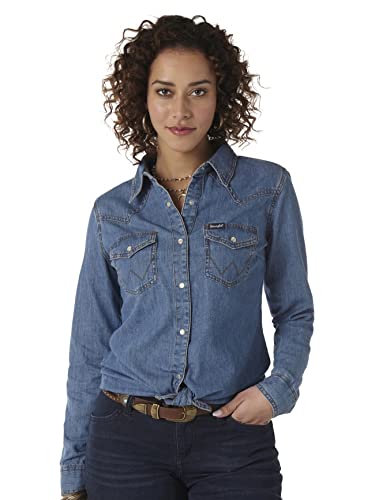 Wrangler Damen Western Long Sleeve Snap Shirt Hemd, Mid-Denim, Groß von Wrangler