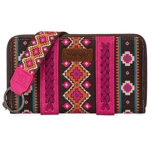 Wrangler Geldbörse für Damen, Western-Aztekenmuster, Clutch, Handgelenk, Geldbörse mit Kreditkartenfach, Knallpink (Hot Pink), Trendy von Wrangler