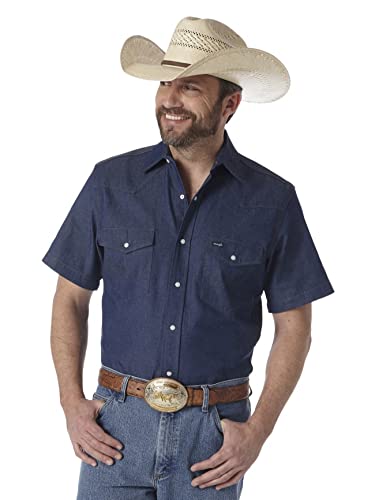 Wrangler Herren-Arbeitshemd mit Cowboy-Schnitt, Zwei Taschen, kurzärmelig, mit Schnappverschluss, blau, Large Hoch von Wrangler
