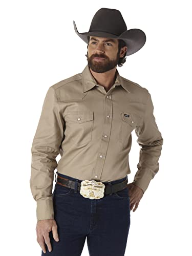 Wrangler Herren-Arbeitshemd mit Cowboy-Schnitt, langärmelig, mit Schnappverschluss, festes Finish, Khaki, Mittel von Wrangler
