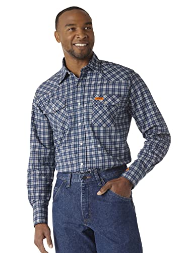Wrangler Herren Fr Flame Resistant Western Langarmhemd mit Zwei Taschen und Druckknöpfen Work Utility Hemd, Marineblau (Navy Plaid), Mittel von Wrangler