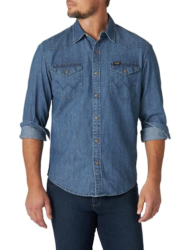 Wrangler Herren Iconic Regular Fit Snap Shirt Hemd mit Button-Down-Kragen, Mid Tint Denim, XL von Wrangler