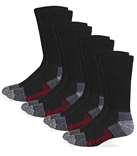 Wrangler Herren Men's Steel Toe Boot Work Crew Cotton Cushion Pair Pack Riggs Socken mit Stahlkappe, Arbeitssocken, Baumwolle, gepolstert, 4 Paar, Schwarz, Größe L, Large von Wrangler