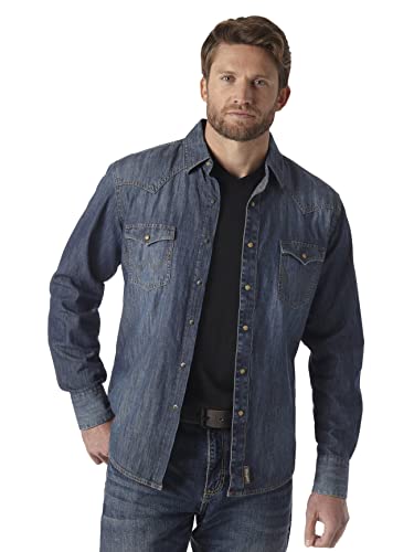 Wrangler Herren Retro Zwei-Taschen-Langarm-Shirt mit Druckknopfverschluss Hemd, Denim, XX-Large von Wrangler