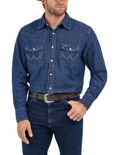 Wrangler Herren Westernhemd mit Cowboy-Schnitt, Langärmelig, mit Druckknöpfen, Verwaschenes Finish Hemd, Dunkles Jeansblau, XX-Large von Wrangler