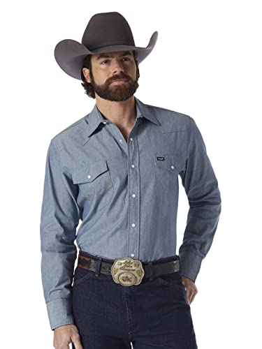 Wrangler Herren Westernhemd mit Langen Ärmeln, Druckknopfverschluss, Gewaschene Oberfläche - Blau - 43 cm Hals 89 cm Ärmel von Wrangler