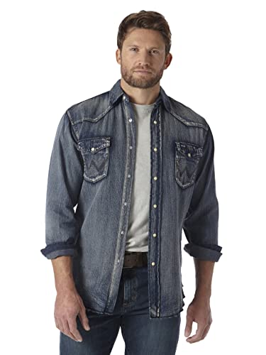 Wrangler Herren Westernhemd mit Langen Ärmeln, Druckknopfverschluss, Gewaschene Oberfläche - Blau - X-Groß von Wrangler