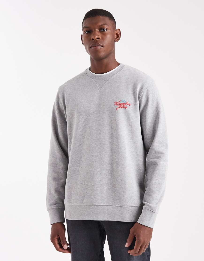 Wrangler - Relaxed Fit Sweatshirt in meliertem Grau mit Logoprint von Wrangler