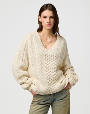 Wrangler Relaxed V Neck Cable Knit Ivory Größe XS von Wrangler
