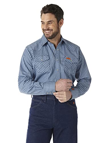 Wrangler Herren Fr Schwer Entflammbares Westernhemd mit Druckknöpfen und Zwei Taschen Work Utility Hemd, Blau kariert, Large Hoch von Wrangler
