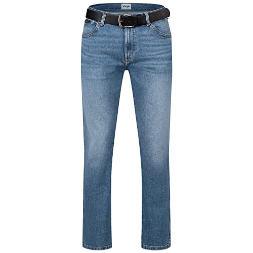 Wrangler Texas Herrenjeans mit Stretchanteil Modell Glaston Blue oder Blue Nights Authentic Straight mit Gürtel (W36/L34, Glaston Blue + schwarzer Gürtel) von Wrangler