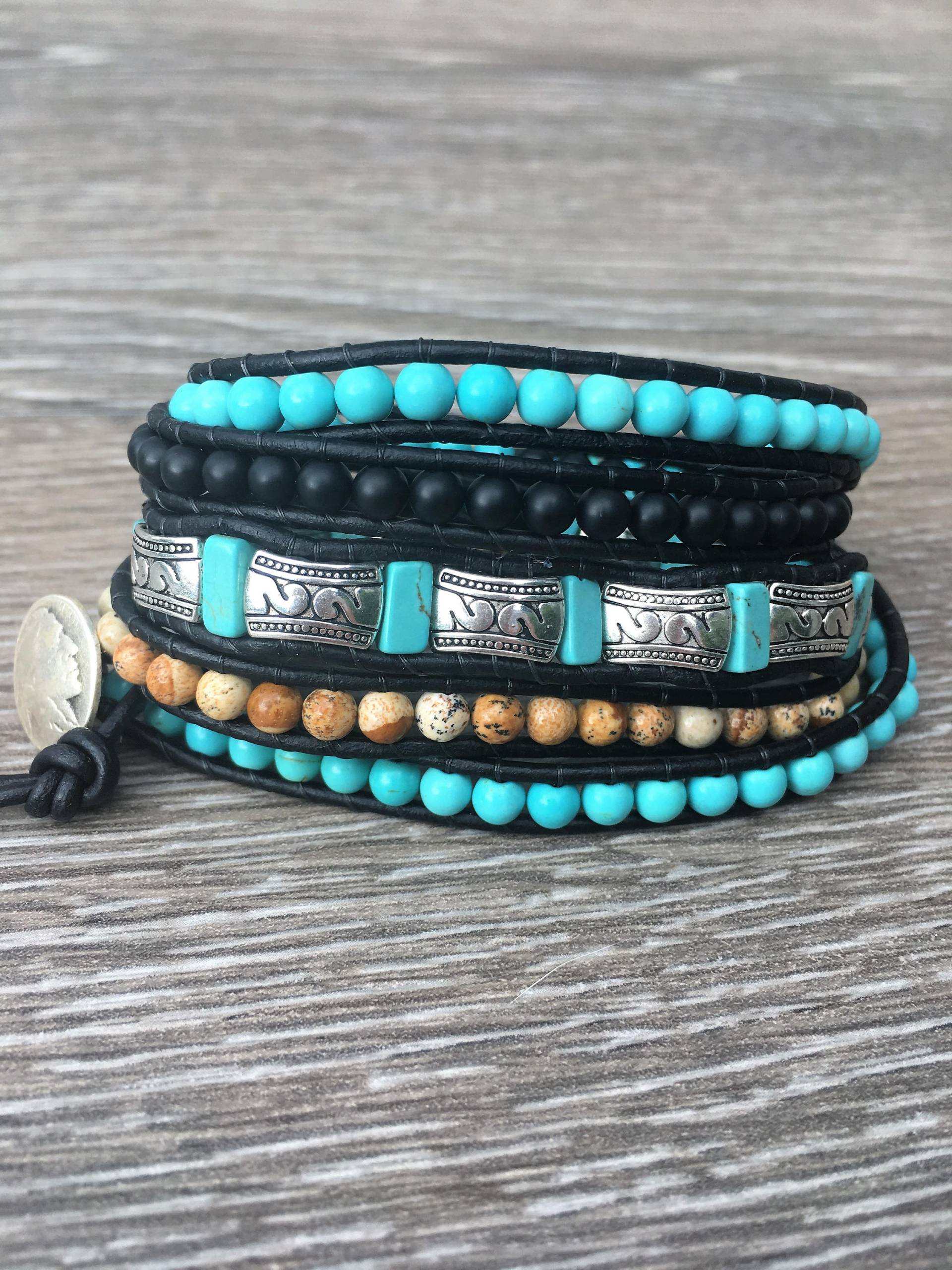 Türkis, Silber, Jaspis & Schwarz Boho 5-Wrap von Wrappedtowear