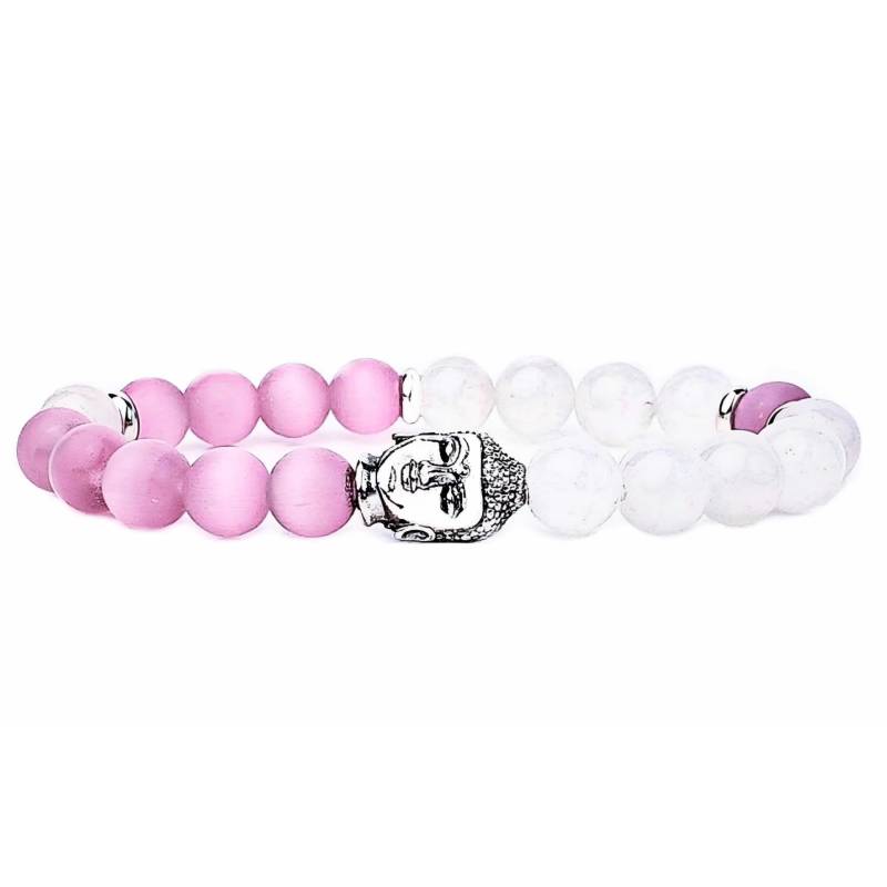 Buddha Armband | Edelstein Stretch-Perlenarmband Mattes Rosa Katzenaugen-Perlenarmband Silber Perlenarmband von WrapsOhDee