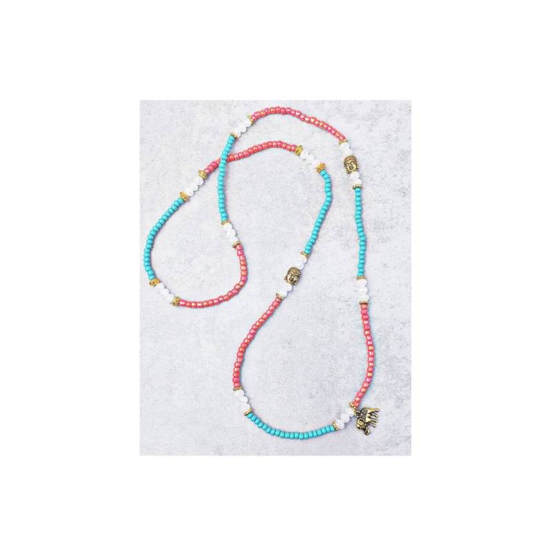 Coral & Gold Enlightenment Halskette | Gold Buddha Lotus Elefant Lange Perlen-Halskette Coral Türkis von WrapsOhDee