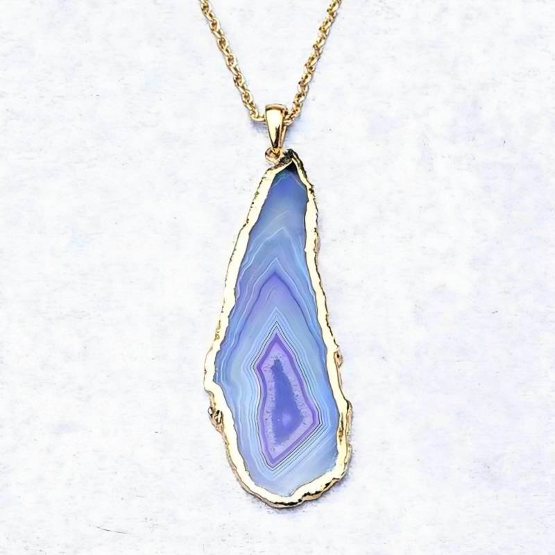 Gold Lila & Blau Achat Stein Scheibe Anhänger Halskette | Lange Geode von WrapsOhDee