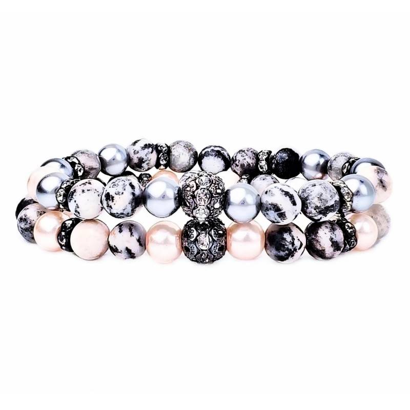 Perlen Edelstein Armband Set | Pink Pearl Zebra Jaspis Perlenarmband Silber Perle Rosa Jaspis-Perlenstapel von WrapsOhDee