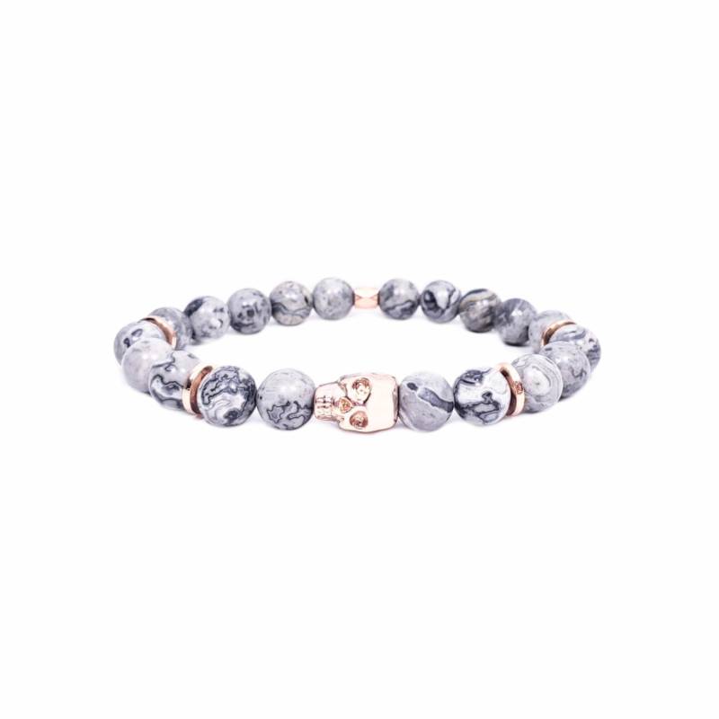 Rose Gold Schädel Perlen Armband | Grau Map Jaspis Edelstein Frauen Stapelbares Schädel-Armband von WrapsOhDee
