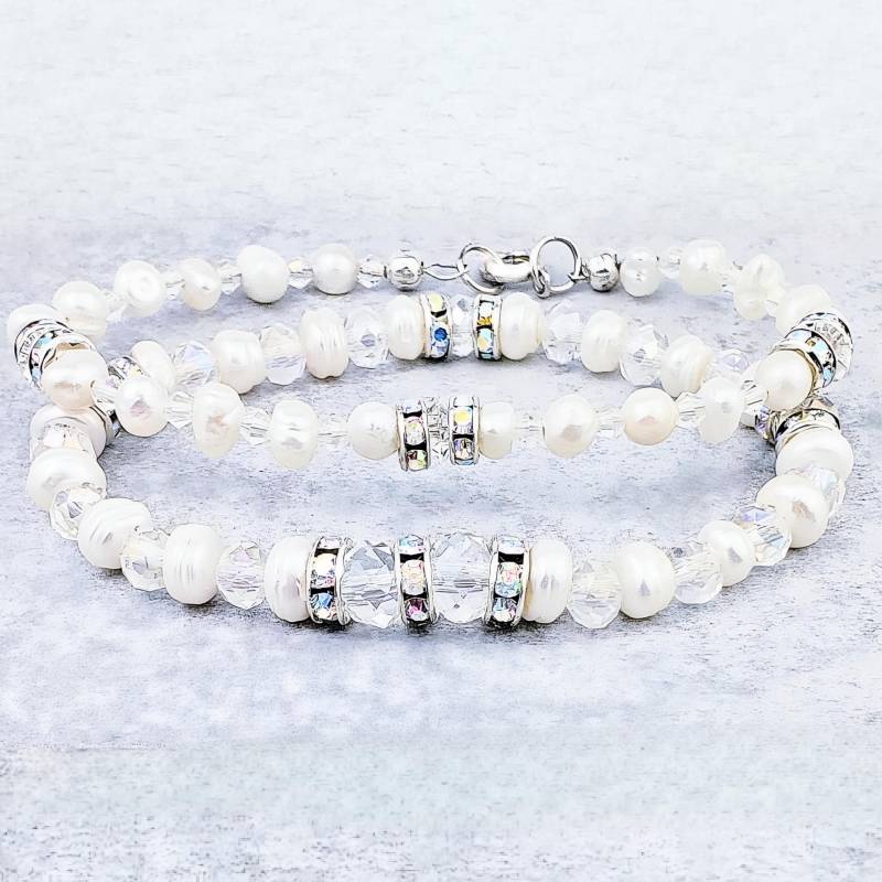 Süßwasserperlen Armband Set | Swarovski Kristall Und Süßwasserperle Armband-Stack Strasskristall Perlenarmbänder von WrapsOhDee