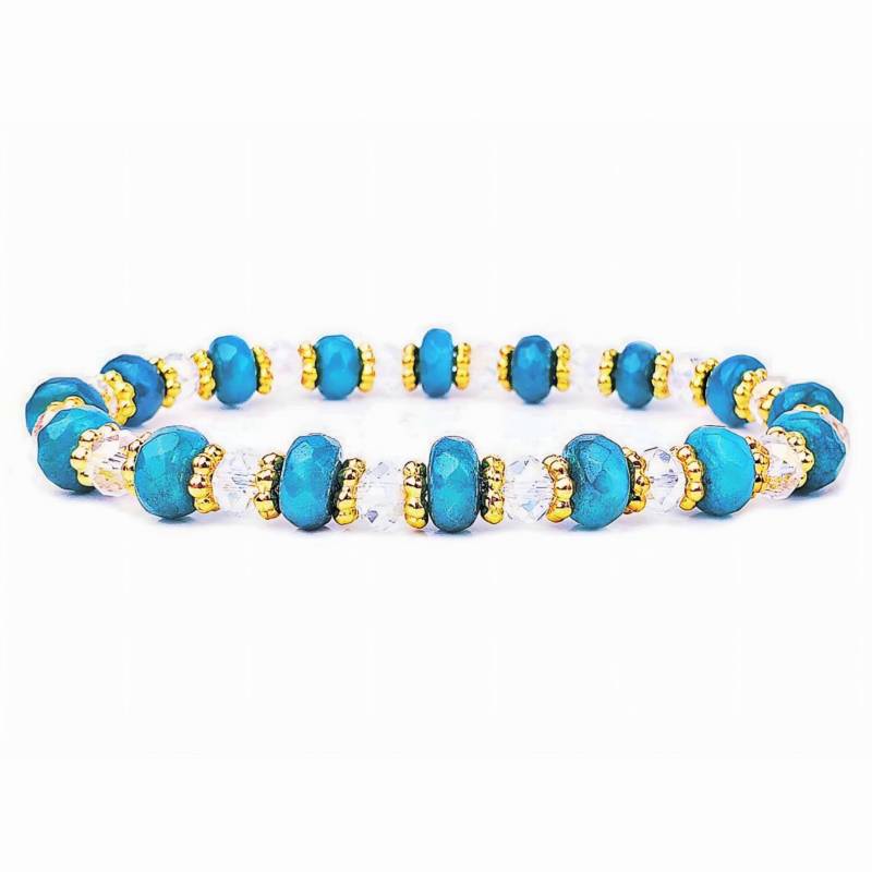 Teal Blue Jade Edelstein Armband | Swarovski Klar Kristallperlen Teal Jade Gold Und Crystal Stapelbare Perlenarmband von WrapsOhDee