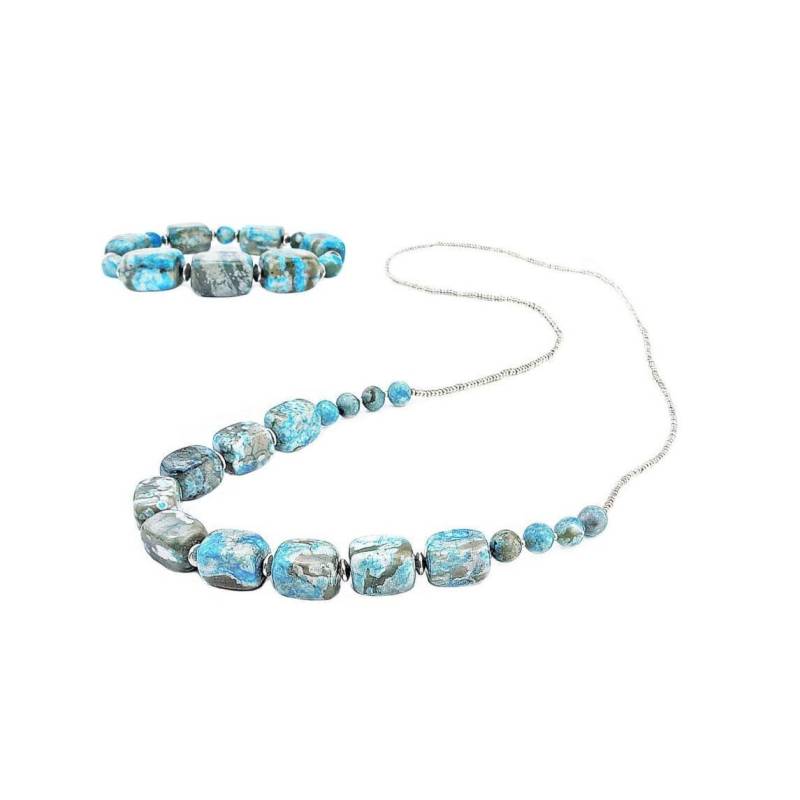 Türkis Imperial Jaspis Nugget Edelstein-Halsketten-Set | Silber Lange Perlenkette Halskette Und Armband Schmuck Set von WrapsOhDee