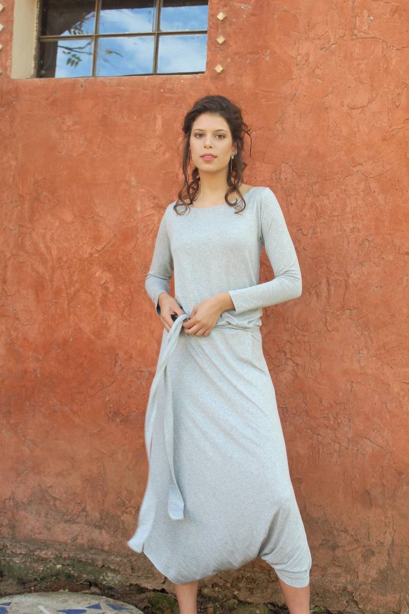 Langarm Grauer Elastan Jumpsuit, Locker Sitzender Freizeitkleidung Für Frauen von Wraptop