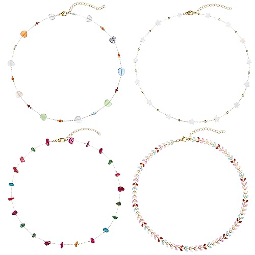 Wremily 4 Stück goldene Choker-Halskette für Damen, zierliche Perlenketten, niedliche Blume, handgefertigt, Satelliten-Perlen-Halskette, Kristallsteinkette, Choker-Halsketten-Set, Schmuck, Edelstahl von Wremily