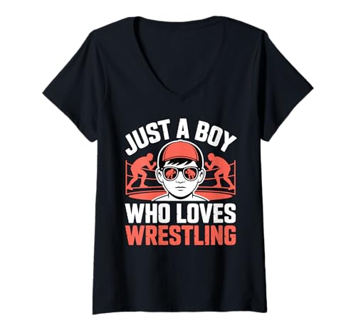 Damen Nur EIN Junge, der Wrestling liebt Wrestler Kid Wrestling T-Shirt mit V-Ausschnitt Damen Nur EIN Junge, der Wrestling liebt Wrestler Kid Wrestling T-Shirt mit V-Ausschnitt von Wrestling Fan Gift For Boys And Kids Love Wrestle