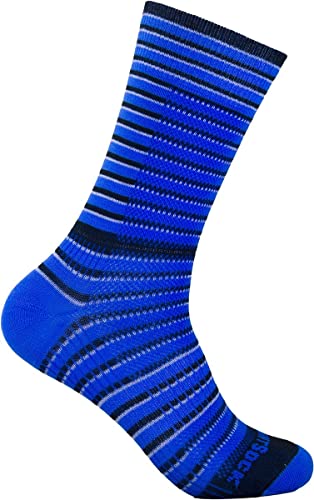 Wrightsock Profi Sportsocke, Laufsocke, Wandersocke - Ringelsocke in blau schwarz grau gestreift - Anti-Blasen-System, doppel-lagig, Crew lang, Gr. L von Wrightsock