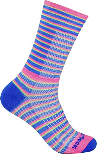 Wrightsock Profi Sportsocke, Laufsocke, Wandersocke - Ringelsocke in rosa blau neongelb gestreift - Anti-Blasen-System, doppel-lagig, Crew lang, Gr. M von Wrightsock