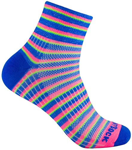 Wrightsock Profi Sportsocke, Laufsocke Modell Coolmesh II in blau rosa neongrün, Anti-Blasen-System, doppellagig, Quarter lang gestreift, Gr. M von Wrightsock