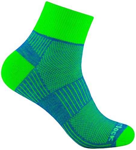 Wrightsock Profi Sportsocke, Laufsocke Modell Coolmesh II in blau-neongrün gemustert, Anti-Blasen-System, doppel-lagig, Quarter mittellang, Gr. L von Wrightsock