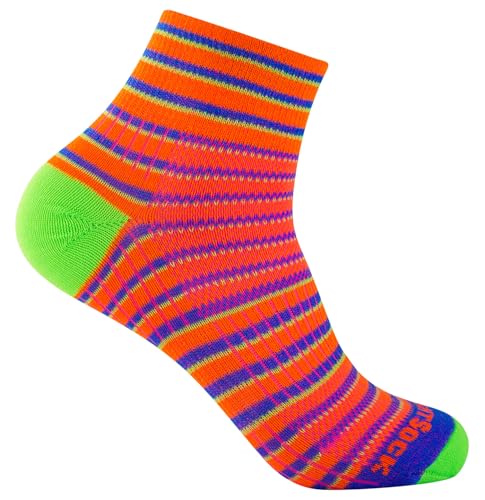 Wrightsock Profi Sportsocke, Laufsocke Modell Coolmesh II in orange blau grün gestreift - Anti-Blasen-System, doppellagig, Quarter mittellang, Gr. L von Wrightsock