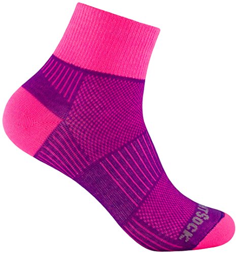 Wrightsock Profi Sportsocke, Laufsocke Modell Coolmesh II in plum pink gemustert, Anti-Blasen-System, doppel-lagig, Quarter mittellang, Gr. M von Wrightsock