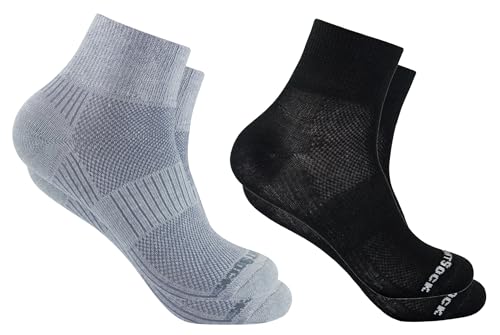 Wrightsock - 2 Paar Herren/Damen Profi Sportsocken im Doppelpack Sparpack, Laufsocke Modell Coolmesh II in schwarz + leichtem grau, Anti-Blasen-System, doppellagig, Quarter (knöchelhoch), Gr. M von Wrightsock