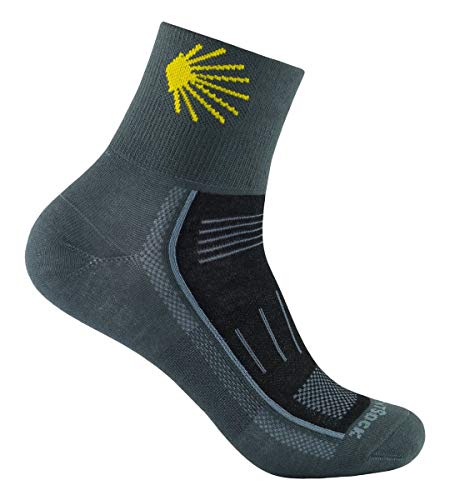 Wrightsock Endurance Doppellagige Profi Sportsocke mit Anti-Blasen-System in grau, Stick Jakobsweg, Gr. M von Wrightsock