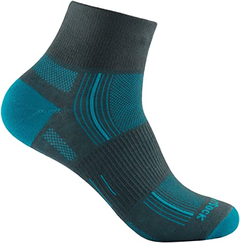 Wrightsock Profi Sportsocke, Laufsocke, Wandersocke in ash türkis petrol, Anti-Blasen-System, doppel-lagig, Quarter mittellang, Gr. S von Wrightsock