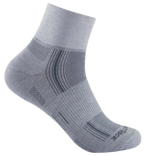 Wrightsock Profi Sportsocke, Laufsocke, Wandersocke in hellgrau, Modell Stride, Anti-Blasen-System, doppel-lagig, Quarter mittellang, Gr. L von Wrightsock