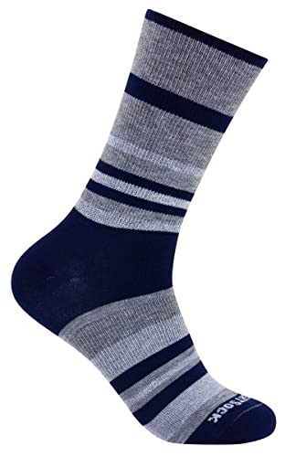 Wrightsock Profi Sportsocke, Laufsocke, Wandersocke in marine grau gestreift, Modell Eco Explore, Anti-Blasen-System, doppel-lagig, Crew (wadenhoch), Gr. XL von Wrightsock