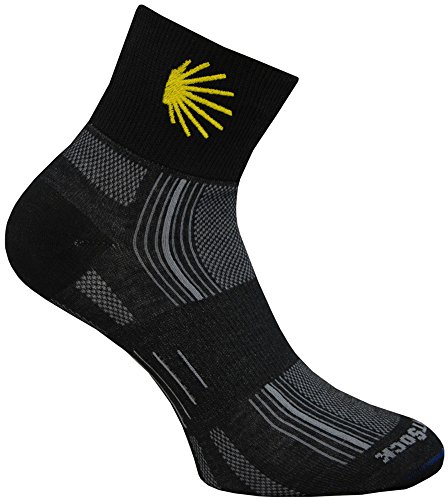 Wrightsock Profi Sportsocke, Laufsocke, Wandersocke in schwarz, Anti-Blasen-System, doppel-lagig, Quarter mittellang - Stick Jakobsweg - Gr. L von Wrightsock