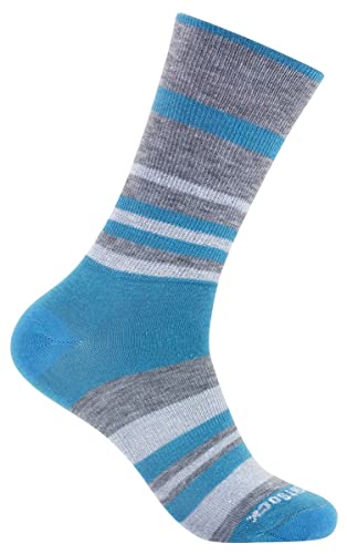 Wrightsock Profi Sportsocke, Laufsocke, Wandersocke in türkis grau gestreift, Modell Eco Explore, Anti-Blasen-System, doppel-lagig, Crew (Wadenhoch), Gr. S von Wrightsock