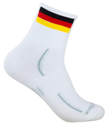 Wrightsock Profi Sportsocke, Laufsocke, Wandersocke in weiß mit Deutschlandfahne, Modell Stride, Anti-Blasen-System, doppel-lagig, Quarter mittellang, Gr. L von Wrightsock