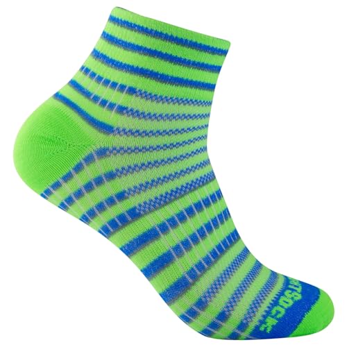 Wrightsock Profi Sportsocke, Laufsocke Modell Coolmesh II in grün blau grau, Anti-Blasen-System, doppellagig, Quarter lang gestreift, Gr. L von Wrightsock