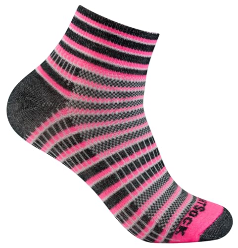 Wrightsock Profi Sportsocke, Laufsocke Modell Coolmesh II in neon pink, Anti-Blasen-System, doppellagig, Quarter lang gestreift, Gr. L von Wrightsock